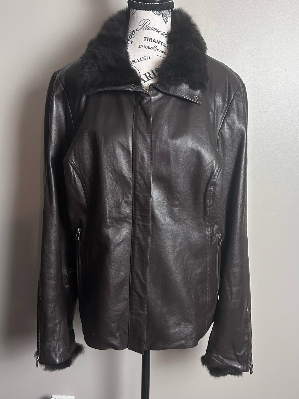 Danier Leather Jacket XL Brown Rabbit Fur Trim Y2K Mob Wife Winter Coat READ